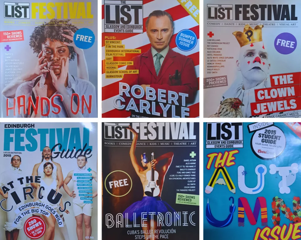A collection of covers from the print edition of The List magazine